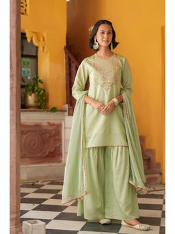 Scakhi - Green Chanderi Silk Zari Embroidered Kurta with Sharara & Dupatta (Set of 3)