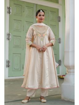 Scakhi - Beige Chanderi Silk Zari Embroidered Anarkali Kurta with Pant & Dupatta (Set of 3)
