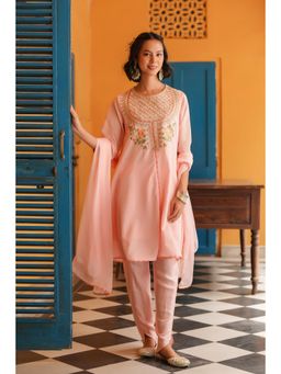 Scakhi - Peach Silk Zari Embroidered Anarkali Kurta with Tulip Pant & Dupatta (Set of 3)