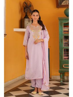 Scakhi - Lavender Chanderi Silk Zari Embroidered Straight Kurta with Pant & Dupatta (Set of 3)