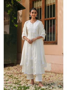 Scakhi - Off White Jacquard Cotton Chikankari Anarkali with Pant & Dupatta (Set of 3)