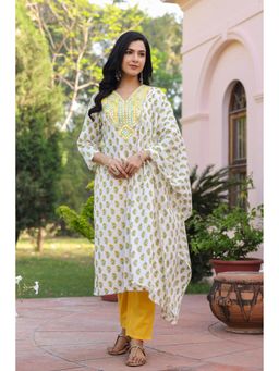 Scakhi - Yellow Cambric Block Printed Embroidered Straight Kurta with Pant & Dupatta (Set of 3)