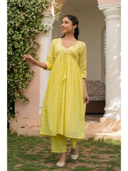 Scakhi - Yellow Cotton Mulmul Khari Printed Shrug with Inner & Pant (Set of 3)
