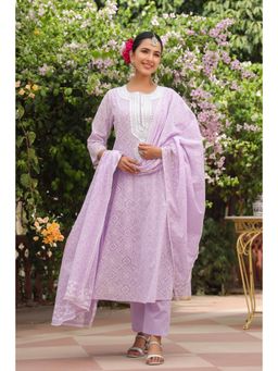 Scakhi - Lavender Cotton Mulmul Khari Printed Anarkali with Pant & Dupatta (Set of 3)