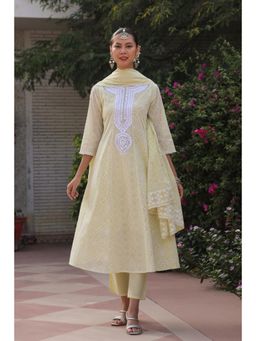 Scakhi - Lime Green Cotton Mulmul Khari Printed Anarkali with Pant & Dupatta (Set of 3)