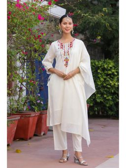 Scakhi - Ivory Cotton Mulmul Mirror Embroidered Straight Kurta with Pant & Dupatta (Set of 3)
