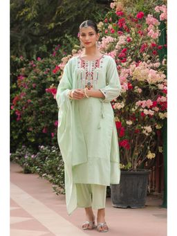 Scakhi - Pista Green Mulmul Mirror Embroidered Straight Kurta with Pant & Dupatta (Set of 3)