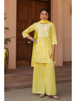 Scakhi - Yellow Jacquard Cotton Chikankari Kurta with Sharara & Dupatta (Set of 3)