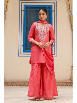Scakhi - Coral Chanderi Silk Embroidered Kurta with Sharara & Dupatta (Set of 3)