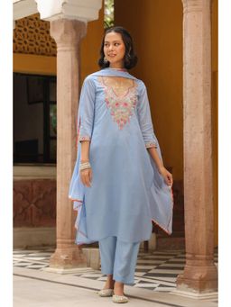 Scakhi - Blue Chanderi Silk Embroidered Straight Kurta with Pant & Dupatta (Set of 3)
