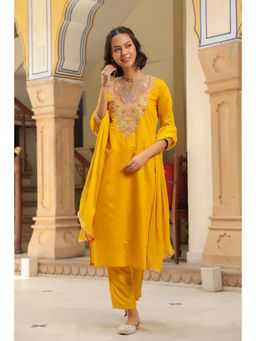 Scakhi - Mustard Chanderi Silk Embroidered Straight Kurta with Pant & Dupatta (Set of 3)