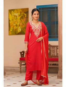 Scakhi - Red Chanderi Silk Embroidered Straight Kurta with Pant & Dupatta (Set of 3)