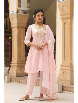 Scakhi - Pink Chanderi Silk Embroidered Anarkali Kurta with Pant & Dupatta (Set of 3)