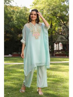 Scakhi - Aqua Organza Silk Embroidered Kaftan with Inner & Pant (Set of 3)