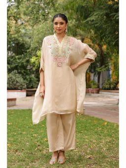 Scakhi - Beige Organza Silk Embroidered Kaftan with Inner & Pant (Set of 3)