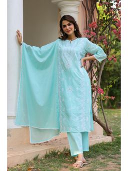 Scakhi - Aqua Cotton Mulmul Chikankari Embroidered Straight Kurta with Pant & Dupatta (Set of 3)