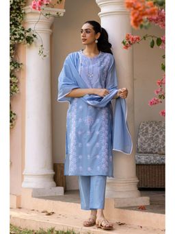 Scakhi - Powder Blue Mulmul Chikankari Embroidered Straight Kurta with Pant & Dupatta (Set of 3)