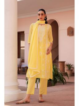 Scakhi - Yellow Mulmul Chikankari Embroidered Straight Kurta with Pant & Dupatta (Set of 3)