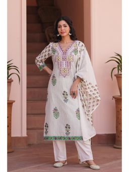 Scakhi - Aqua Stripes Floral Block Embroidered Straight Kurta with Pant & Dupatta (Set of 3)