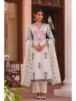 Scakhi - Blue Stripes Floral Block Embroidered Straight Kurta with Pant & Dupatta (Set of 3)