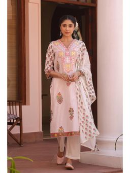 Scakhi - Pink Stripes Floral Block Embroidered Straight Kurta with Pant & Dupatta (Set of 3)