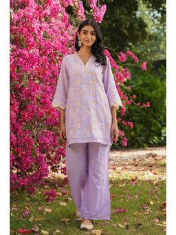 Scakhi - Lavender Cotton Mulmul Embroidered Kurta with Palazzo (Set of 2)
