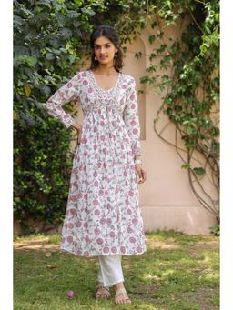 Scakhi - Fuchsia Cotton Mulmul Block Printed Shrug with Kurta & Pant (Set of 3)