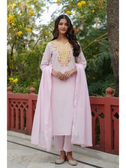 Scakhi - Pink Cotton Cambric Multi-Embroidered Straight Kurta with Pant & Dupatta (Set of 3)