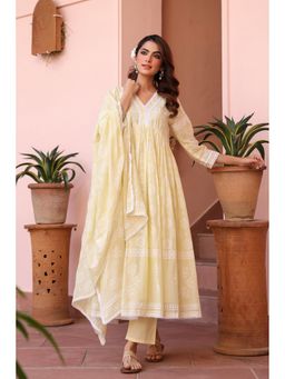 Scakhi - Lime Green Mulmul Khari Printed Gathered Anarkali Kurta with Pant & Dupatta (Set of 3)