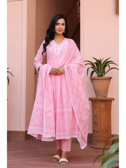 Scakhi - Pink Mulmul Khari Printed Gathered Anarkali Kurta with Pant & Dupatta (Set of 3)