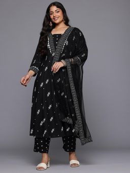 A plus by Ahalyaa - Womens Printed Black Kurta with Pant & Dupatta (Set of 3)