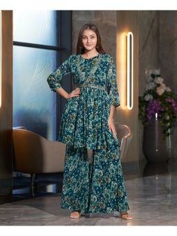 MOJILAA - Womens Teal Georgette Floral Printed Floral Embroidery Kurta with Sharara (Set of 2)