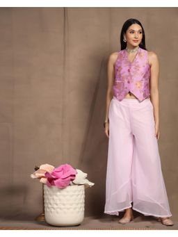 SHADES OF FAASHION - Women Lavendar Chanderi Zari Work Vest Jacket with Sharara (Set of 2)