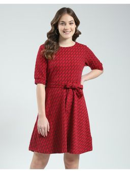 Monte Carlo - Womens Self Design Round Neck Dress with Belt (Set of 2)