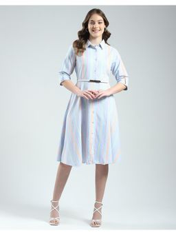 Monte Carlo - Womens Striped Collar Neck Dress with Belt (Set of 2)