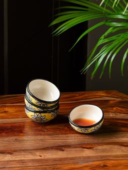 ExclusiveLane - 'Californian Sunflowers' Hand-Painted Ceramic Chutney & Dip Bowl (Set of 4)