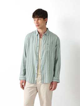 The Bear House - Men Green Striped Causal Shirt