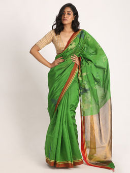 Angoshobha - Parrot Green Cotton Blended Handloom Jamdani Saree with Unstitched Blouse