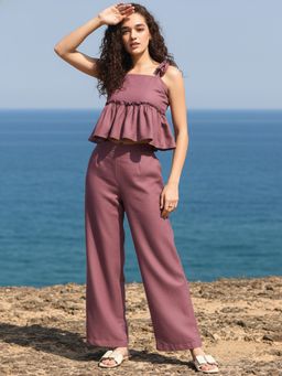 AOBA - Mauve Shoulder Strap Linen Crop Top & Palazzos Co-ord Set