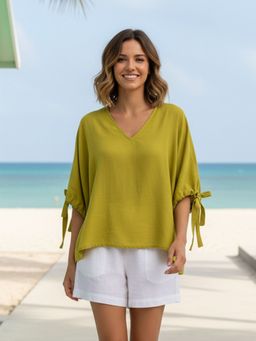 AOBA - Women Green V-Neck Kimono Sleeves Linen Crepe Top