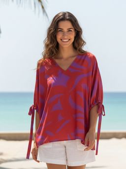 AOBA - Summer Shine Women Red Abstract Print Batwing Sleeve Crepe Top