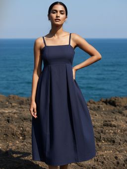 AOBA - Women Blue Solid Linen Dress