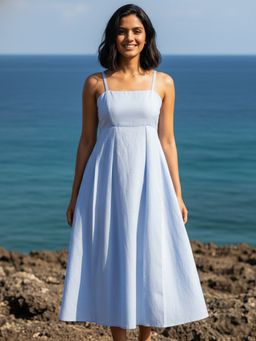 AOBA - Women Blue Solid Linen Dress