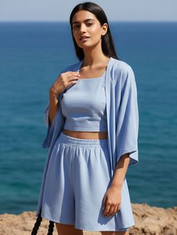 AOBA - Women Blue Linen Crop Co-ord Set