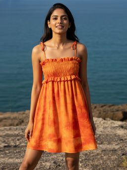 AOBA - Women Orange Tie and Dye Smocked Beachwear Dress
