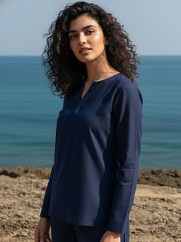 AOBA - Women Blue Mandarin Collar Long Sleeves Top