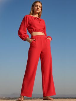 AOBA - Women Red Polyester Textured Top with Palazzo