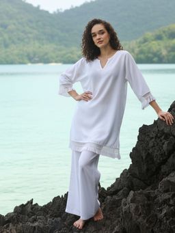 AOBA - White Notch Neck Linen Top & Palazzos Co-ord Set