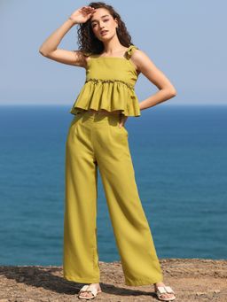 AOBA - Green Shoulder Strap Linen Crop Top & Palazzos Co-ord Set