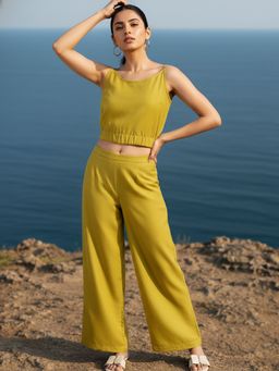 AOBA - Yellow Shoulder Strap Linen Crop Top & Trousers Co-ord Set